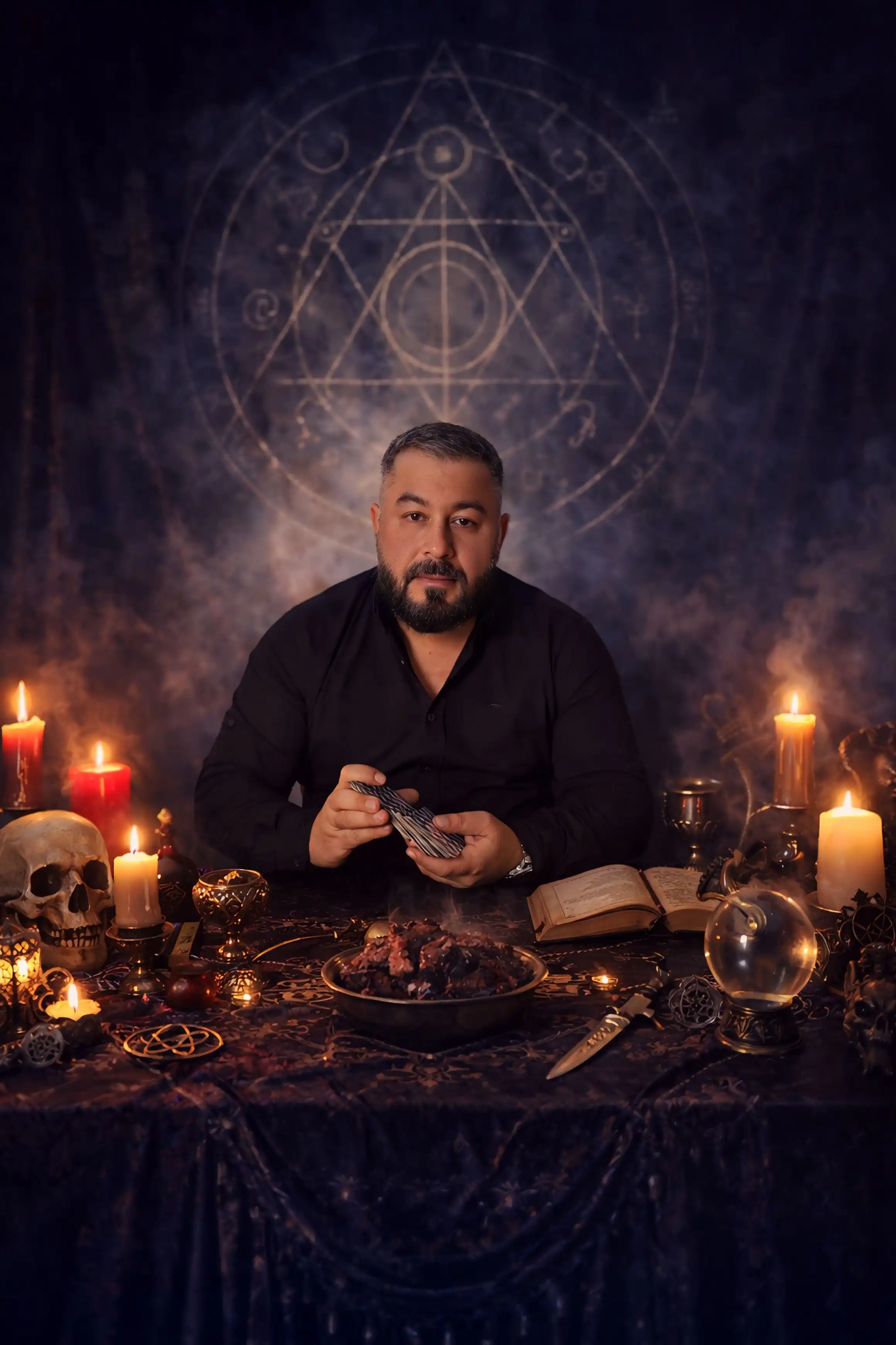 Обряд гадания на Таро — гадалка проводит эзотерический ритуал при свечах