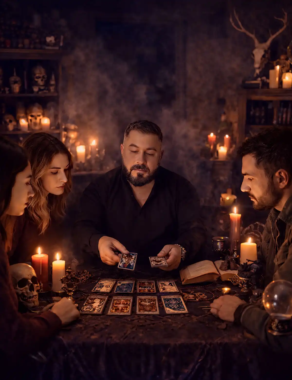 Маг проводит ритуал гадания на картах Таро при свечах